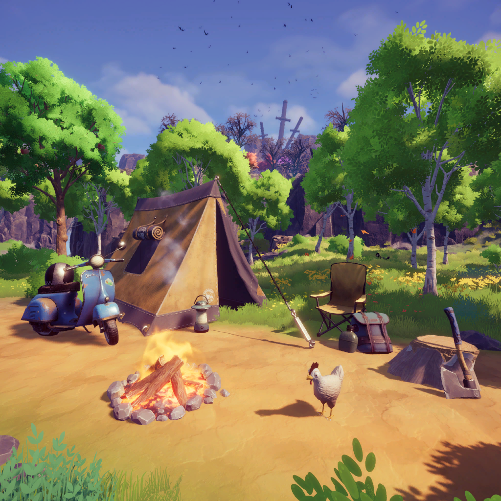 A forest camp with a tent, scooter, campfire, chair, chicken, and chopping tools in Chop Chop Inc