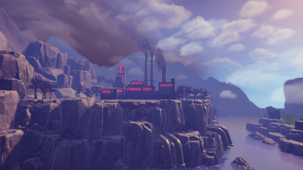 Furnox Corp factory across a rocky valley in Chop Chop Inc